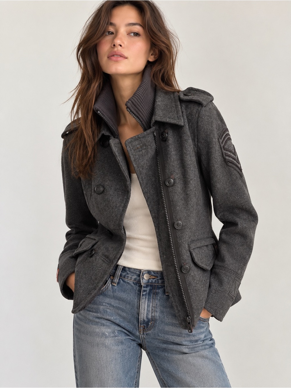 Superdry Navy Label Patsy Gray Wool Military Moto Utility Peacoat Jacket M